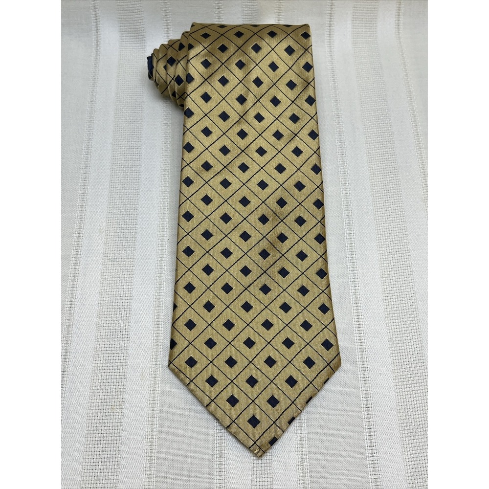 Tommy Hilfiger Men's Tie Gold Silk Black Geometric Check Diamond Vintage 90s Y2K
